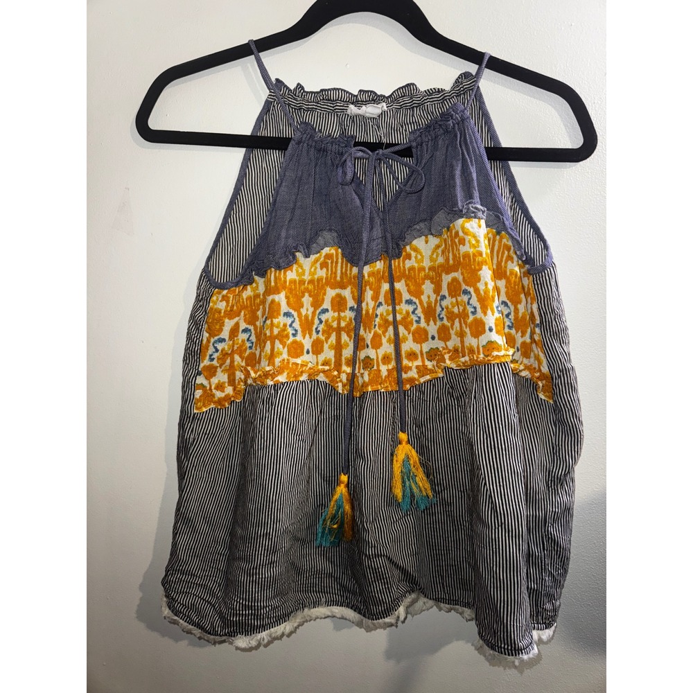 TML Boho Stripe Halter Tank Top Mustard Ikat Tassel Fringe Hem Medium